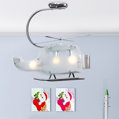 Adorable Helicopter Chandelier Light Boys Room Amusement Park Glass 3 Lights Hanging Lamp in Silver