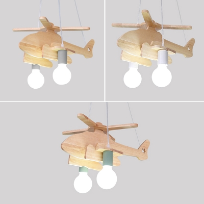 2 Lights Helicopter Lighting Fixture Kindergarten Wooden Decorative Chandelier Lamp in Green/Gray/White