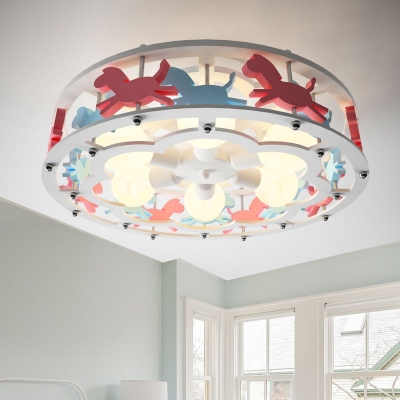 Carousel/Ferris Wheel Ceiling Lamp Modern Girls Room Wooden 6 Lights Semi Flush Mount in White