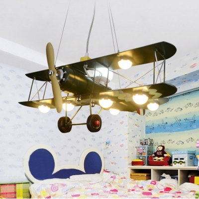 Green Prop Plane Suspended Lamp Metal 8 Lights Chandelier Light for Boys Bedroom Living Room
