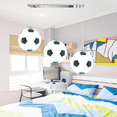 Football/Basketball 3 Lights Hanging Lamp Boys Bedroom Chrome Finish Glass Shade Lighting Fixture