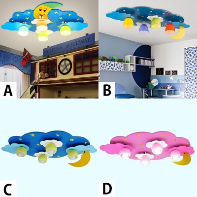 4 Lights Moon Design LED Flush Mount Baby Kids Room Lighting Fixture in Blue/Pink with Glass Shade