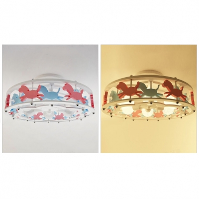 Carousel/Ferris Wheel Ceiling Lamp Modern Girls Room Wooden 6 Lights Semi Flush Mount in White