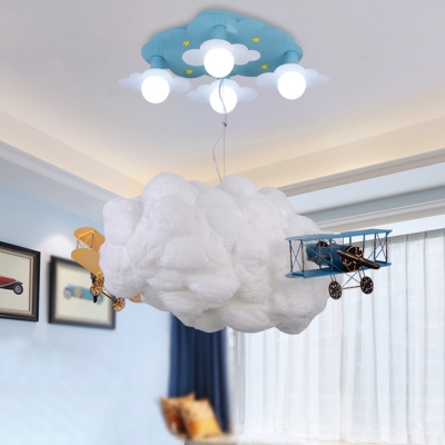 Plane&Cloud 7 Lights Ceiling Chandelier Blue Finish Metal Flush Light Fixture for Boys Bedroom
