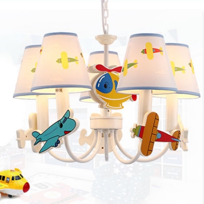 5 Lights Airplane Design Hanging Light Boys Bedroom Fabric Shade Chandelier Lamp in White Finish
