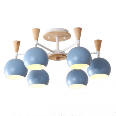 Wooden Chandelier with Globe Shade Nordic Macaron 3/6/8 Lights Hanging Light for Kids