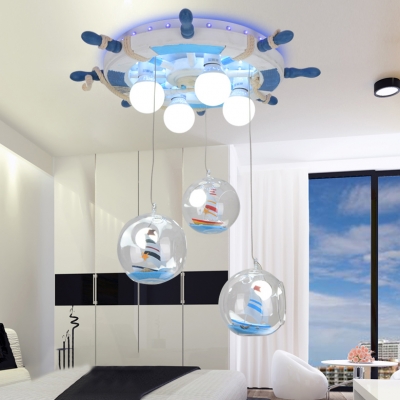 Multi Light Wheel Ship Ceiling Chandelier Nautical Boys Room Glass Shade Flush Mount Light in Blue