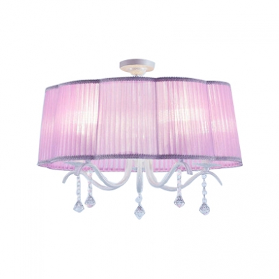 French Country Pink/Purple Drum Shade Chandelier 5 Light Crystal Chandelier in White Finish