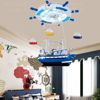 Sailboat Shape LED Ceiling Chandelier Mediterranean Blue Acrylic Flush Mount Lighting for Boys