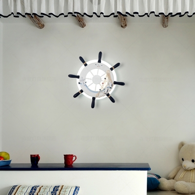 Mediterranean Ship Wheel Wall Lamp Boys Room Acrylic LED Wall Lighting in White/Blue