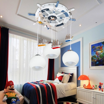Ship Rudder Shape Modern Ceiling Fan with LED Light Chandelier for Kids Bedroom 