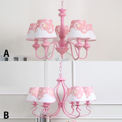 Pink Tapered Suspended Lamp with Swan Pattern Fabric Shade 5 Lights Hanging Lamp for Girls Room