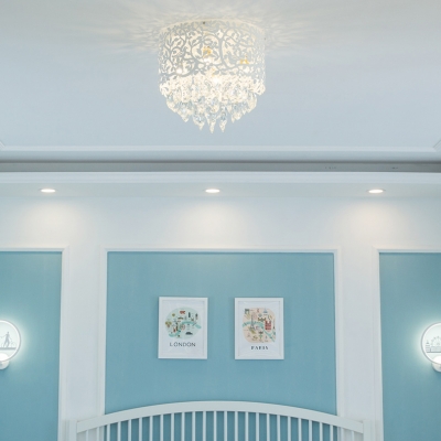 Living Room Crystal Flushmount Light Drum Shade Flush Mount Crystal Light in White