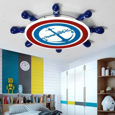 Acrylic Ship Wheel Flush Ceiling Light Boys Room Flush Mount LED Light in Navy Blue