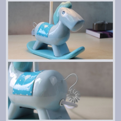 Single Light Rocking Horse Table Lamp Baby Kids Room Blue/Pink Fabric Shade Standing Table Light
