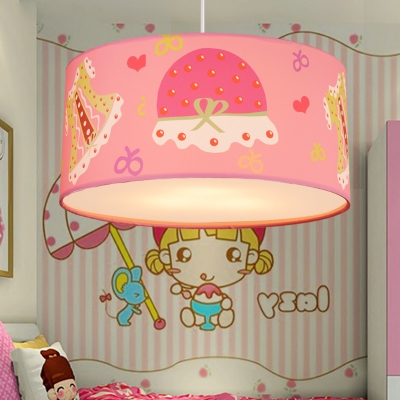 Lovely 3/5 Lights Drum Hanging Lamp Modern Baby Girls Bedroom Multicolored Fabric LED Suspension Light