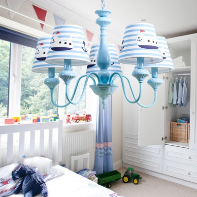 5 Lights Strips Ceiling Chandelier Nautical Boys Room Light Fabric Suspended Light in Blue