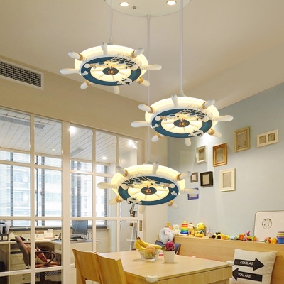 Adjustable Ship Wheel Hanging Light Boys Room Wooden 1/2/3 Lights Pendant Light in Third Gear