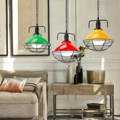 Multicolors Modern Dome Shade 1-Light Pendant Lamp with Iron Cage for Dining Room Restaurant 11.02