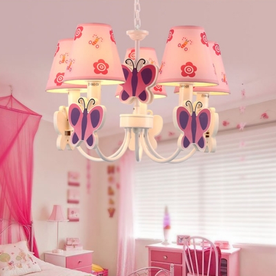 Cute Butterfly 3/5 Lights Suspended Lamp Pink Fabric Shade Chandelier Light for Girls Room