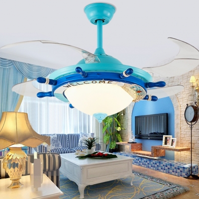 Nautical Style Reversible Bowl Shade Metal Ceiling Fan Light in Blue/White