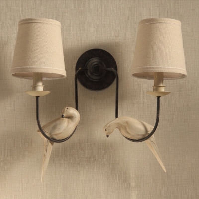 Lodge Style Tapered Wall Sconce Fabric Single Head Wall Light Fixture with Bird Decoration