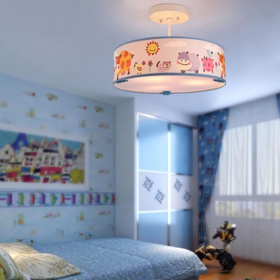 Drum Shade Ceiling Light with Safari Design Baby Kids Room Fabric Triple Lights Semi Flush Light in White