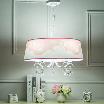 3/5 Lights Drum Chandelier Light with Swan Pattern Girls Room Crystal Suspended Light in White