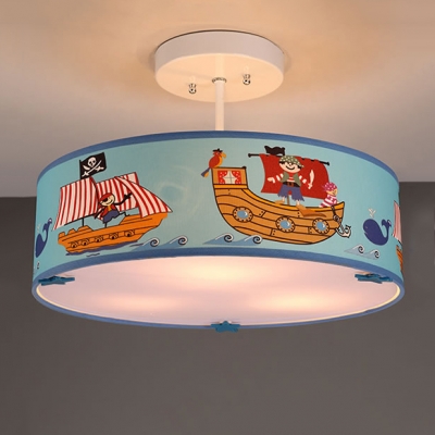 Drum 3 Light Semi Flush Light with Pirate Ship Nautical Boys Room Blue Acrylic Semi Ceiling Chandelier