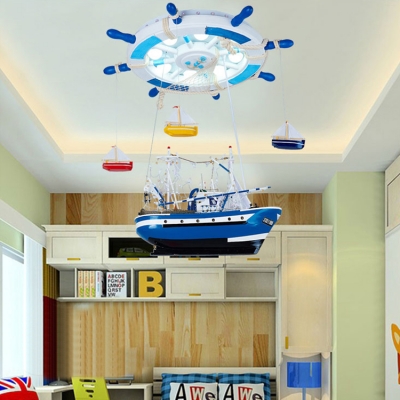 Sailboat Shape LED Ceiling Chandelier Mediterranean Blue Acrylic Flush Mount Lighting for Boys