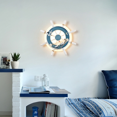 Mediterranean Ship Wheel Wall Lamp Boys Room Acrylic LED Wall Lighting in White/Blue