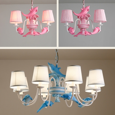 3/6 Lights Dolphin Island Chandelier Kids Room Fabric Suspension Light in Blue/Pink