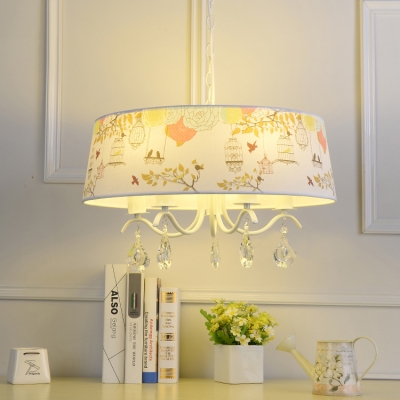 White Finish Drum Suspension Light with Crystal Fabric Shade 3/5 Bulbs Hanging Light for Kindergarten