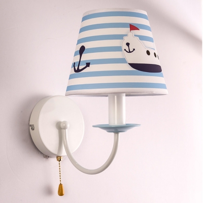 Sky Blue Conical Sconce Lighting Nautical Style Fabric 1 Light Wall Light Fixture with Pull Chain