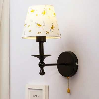 Single Light Cone Wall Sconce Vintage Traditional Fabric Pull Chain Wall Light in Black