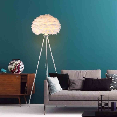 White Tripod Floor Lamp with Feather Shade