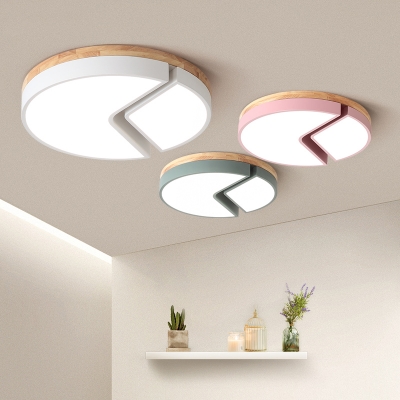 Wooden Ceiling Flush Mount with Drum Colorful Macaron LED Flushmount for Children Room