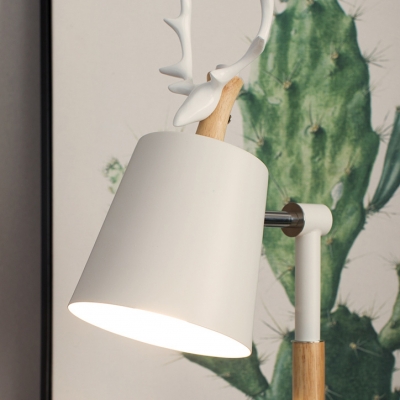 Adjustible White Dome/Coolie Shade 1 Light Task Lamp with Bird/Antler in Wood