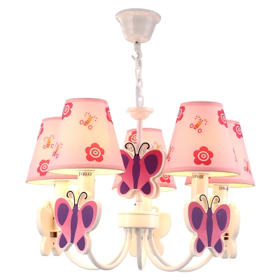 Cute Butterfly 3/5 Lights Suspended Lamp Pink Fabric Shade Chandelier Light for Girls Room