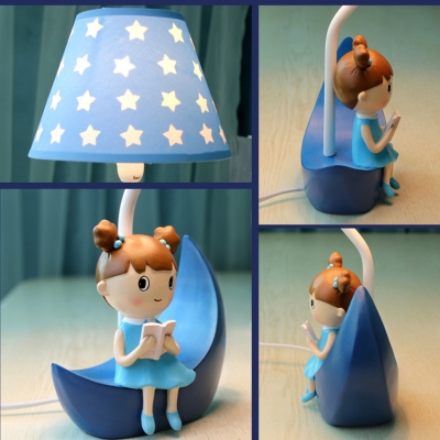 Adorable Star Design Table Light with Little Girls Decoration Bedroom Blue Fabric Shade 1 Light Reading Light