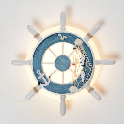 Mediterranean Ship Wheel Wall Lamp Boys Room Acrylic LED Wall Lighting in White/Blue