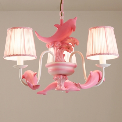 3/6 Lights Dolphin Island Chandelier Kids Room Fabric Suspension Light in Blue/Pink