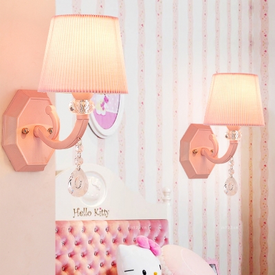 Kid Wall Light CrystaL Ball Drum Shade Wall Sconce for Girls Bedroom in Pink Finish