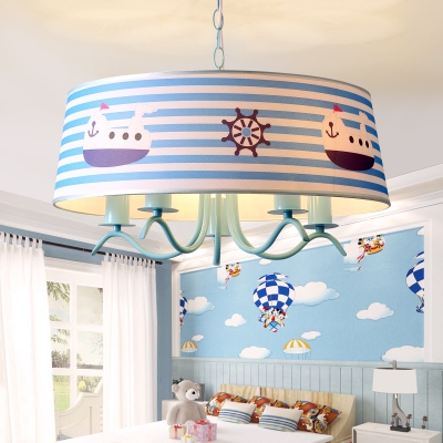 5 Lights Strips Hanging Chandelier Nautical Children Room Metal Ceiling Fixture in Blue