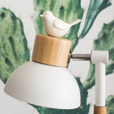 Adjustible White Dome/Coolie Shade 1 Light Task Lamp with Bird/Antler in Wood