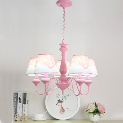 Pink Tapered Suspended Lamp with Swan Pattern Fabric Shade 5 Lights Hanging Lamp for Girls Room