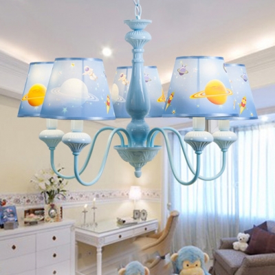 Fabric Chandelier Lamp with Coolie Shade Astronomy&Space Blue 5 Bulbs Suspended Light for Kids