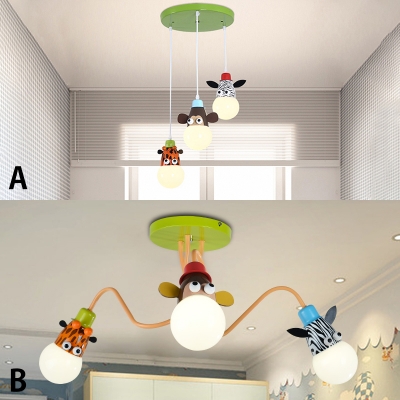 Zebra/Monkey/Giraffe Design Suspended Lamp Kindergarten Metal 3 Light Pendant Light in Multi Color
