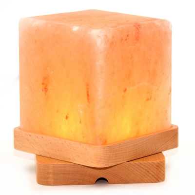 Pure Amber Color Himalayan Salt Lamp Square Bed Nightlight in Wooden Base