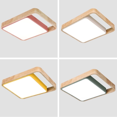 Rectangle Indoor Flushmount Simplicity Macaron Wooden LED Ceiling Lamp in Green/Red/White/Yellow